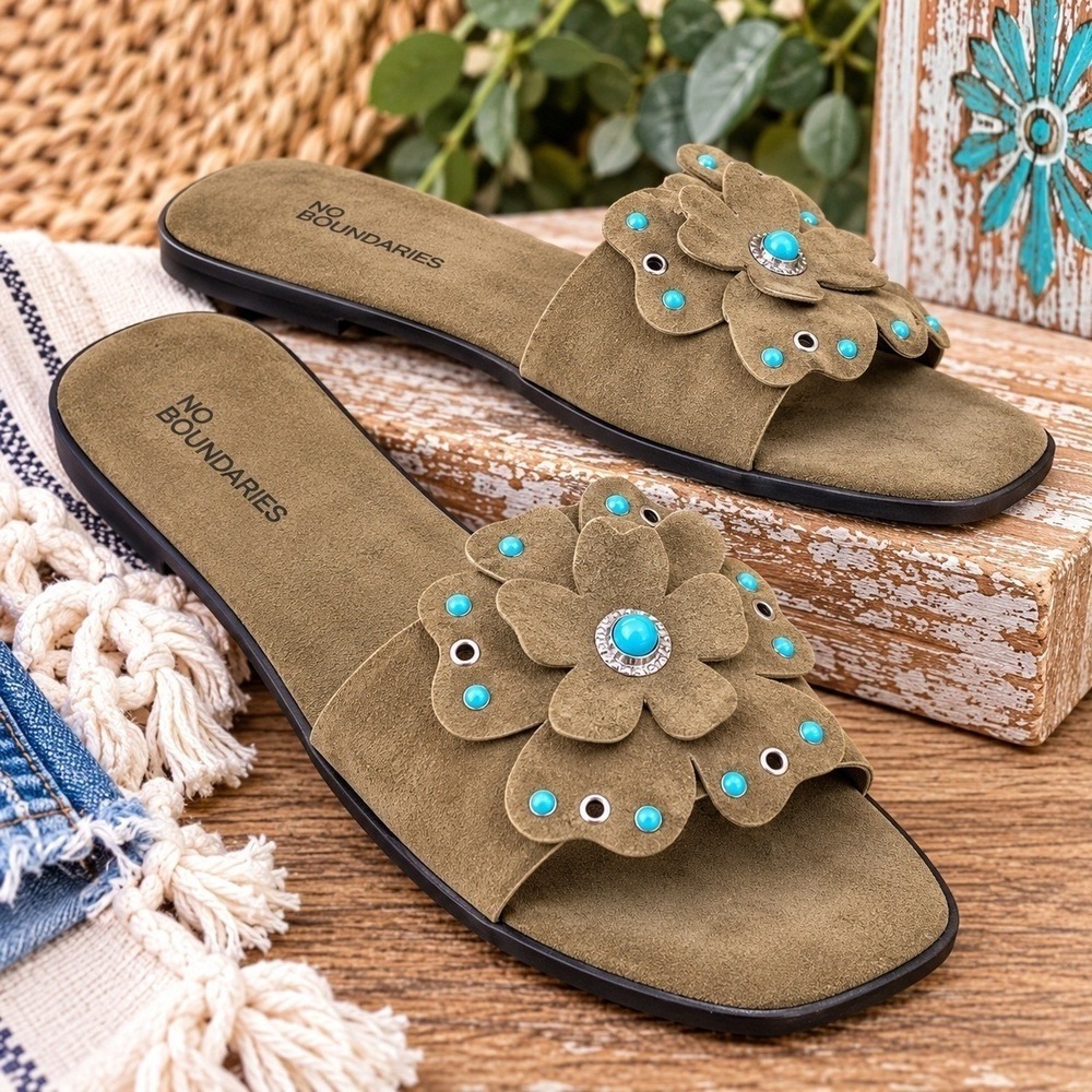Studded Faux Suede Flower Slide Sandals Brown Turquoise Size 6 New NWT